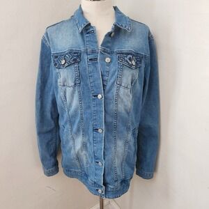 LuLaRoe‎ Womens XL Blue Denim Jacket Embroidered Back Geometric Boho Trucker